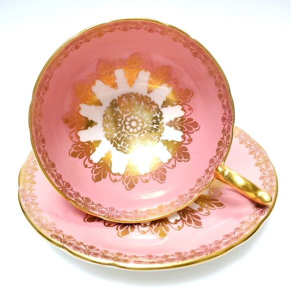 Aynsley Pink & 22k Gold Tea Cup & Saucer Bone China Corset Design Queen … - Picture 6 of 14